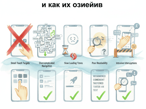 Изображение демонстрирует пример плохого мобильного UX: мелкий текст, неудобное расположение кнопок и перегруженный интерфейс.