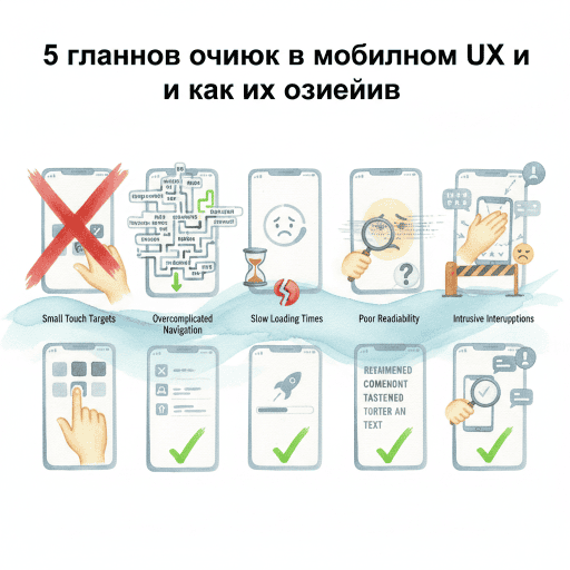 Изображение демонстрирует пример плохого мобильного UX: мелкий текст, неудобное расположение кнопок и перегруженный интерфейс.