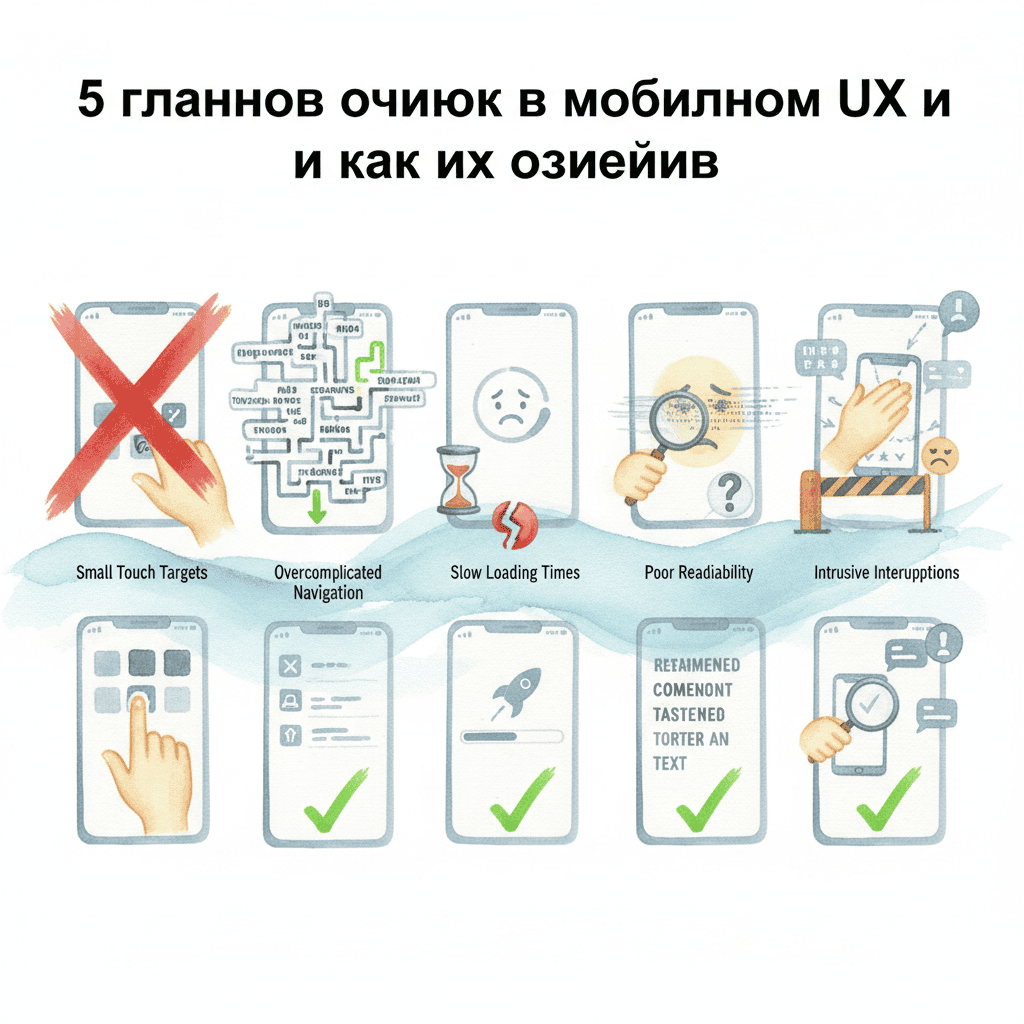 Изображение демонстрирует пример плохого мобильного UX: мелкий текст, неудобное расположение кнопок и перегруженный интерфейс.