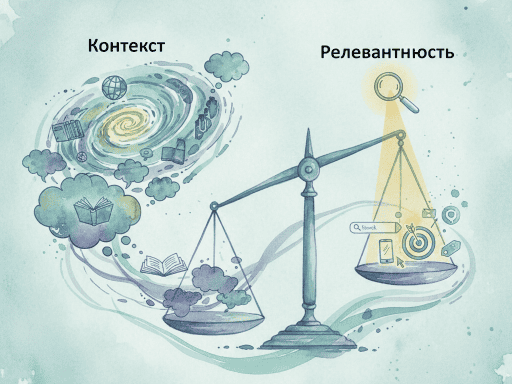 Контекст против релевантности: весы, показывающие важность для SEO. На одной чаше весов - 'контекст', на другой - 'релевантность'.