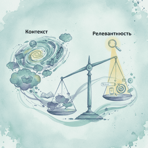 Контекст против релевантности: весы, показывающие важность для SEO. На одной чаше весов - 'контекст', на другой - 'релевантность'.