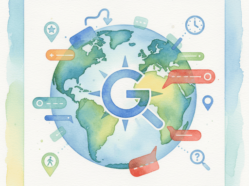 Иллюстрация с подробной картой, демонстрирующая полезные функции Google Карт, такие как прокладка маршрута, поиск мест и использование спутниковых снимков.