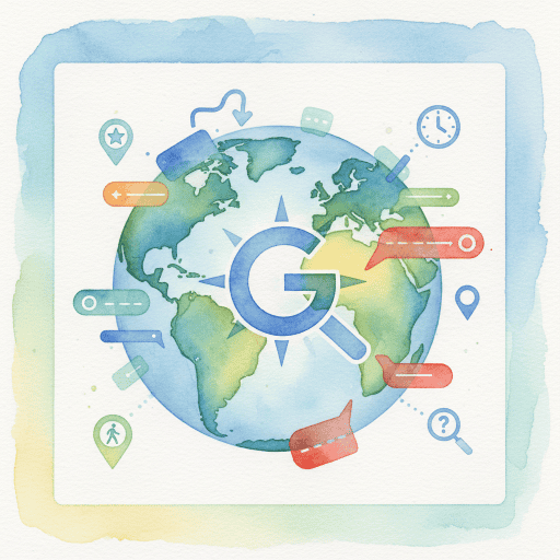 Иллюстрация с подробной картой, демонстрирующая полезные функции Google Карт, такие как прокладка маршрута, поиск мест и использование спутниковых снимков.