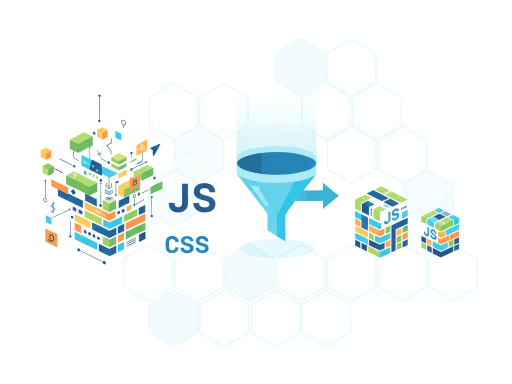График, демонстрирующий уменьшение размера файлов JavaScript и CSS после минификации, с указанием процентов сжатия и времени загрузки страницы.