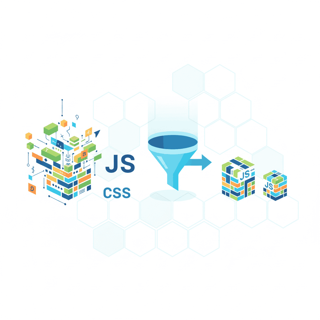 График, демонстрирующий уменьшение размера файлов JavaScript и CSS после минификации, с указанием процентов сжатия и времени загрузки страницы.