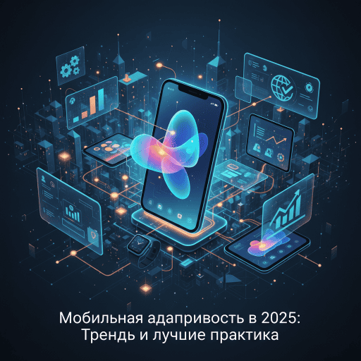 Графическое представление ключевых трендов мобильной адаптивности в 2025 году, включая ускоренную загрузку страниц, адаптивный дизайн и персонализацию пользовательского опыта.