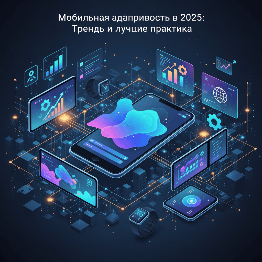 Графическое представление трендов мобильной адаптации в 2025 году, включая ключевые аспекты, такие как скорость загрузки, дизайн интерфейса и удобство использования.