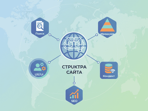 Схема эффективной структуры сайта с пятью ключевыми элементами: понятная навигация, логическая иерархия страниц, быстрая загрузка, оптимизированный контент и адаптивный дизайн.