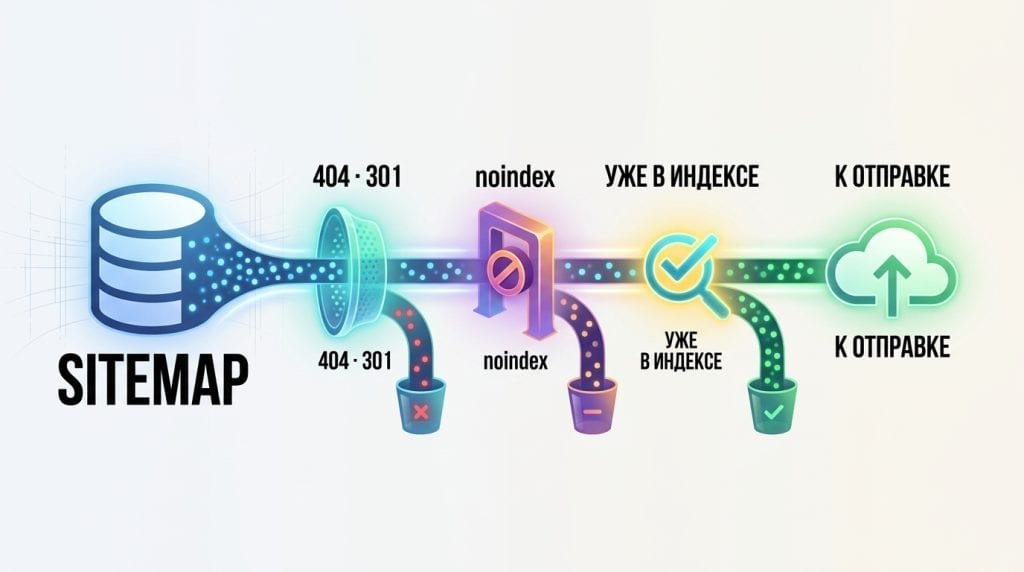 Схема подготовки списка URL к индексации: адреса из sitemap проходят четыре фильтра — коды ответа, soft 404, noindex и robots.txt, статус в индексе