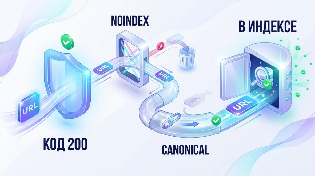 Цепочка проверок донора обратной ссылки: код ответа, noindex, canonical, тег ссылки и статус в индексе Google