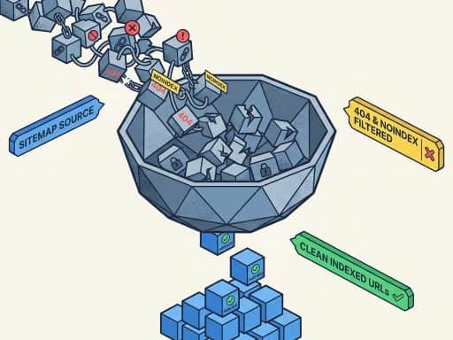 Обложка статьи о подготовке списка URL к индексации: сито отделяет чистые адреса от битых ссылок и закрытых страниц