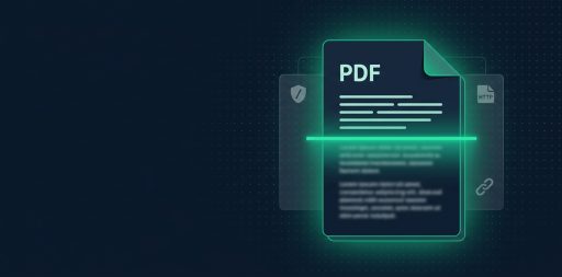 Иконка PDF-документа на тёмно-синем фоне, через которую проходит зелёная линия сканирования, с надписью «PDF не в индексе»