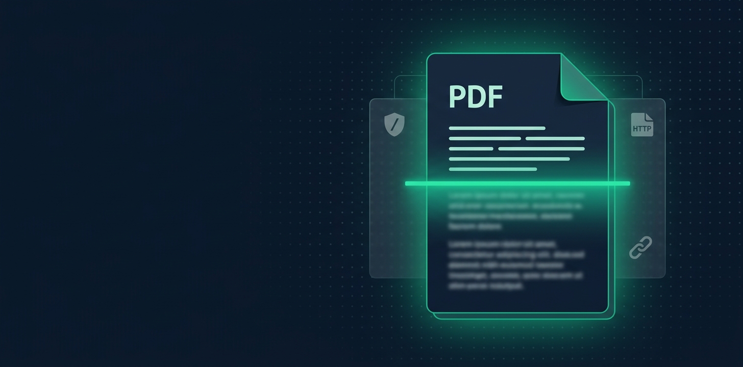Иконка PDF-документа на тёмно-синем фоне, через которую проходит зелёная линия сканирования, с надписью «PDF не в индексе»