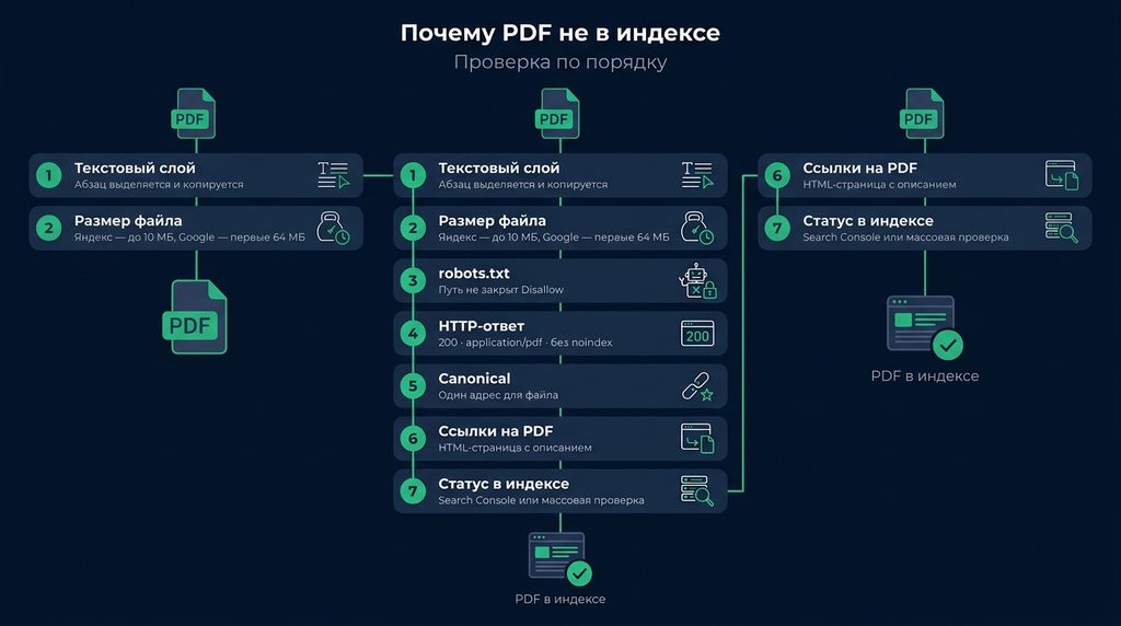 Инфографика из семи шагов проверки индексации PDF: текстовый слой, размер файла, robots.txt, HTTP-ответ, canonical, ссылочный контекст и статус в Search Console